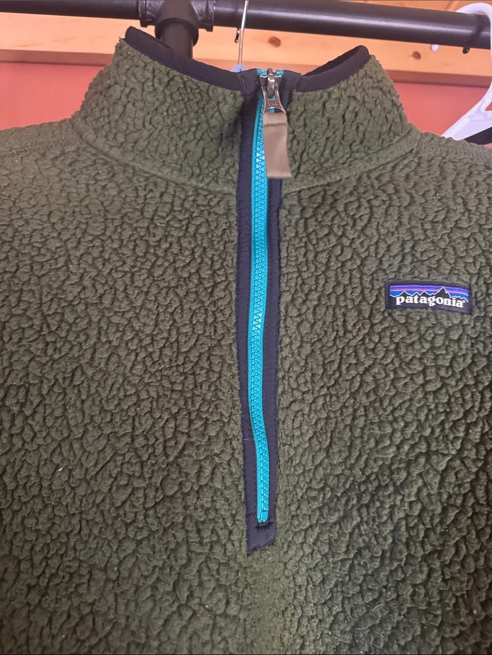 Patagonia Olive Sherpa Quarter-Zip with Teal Trim